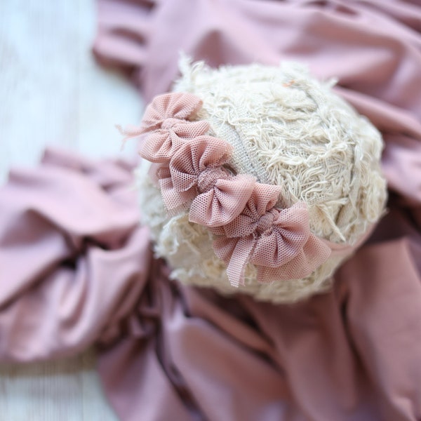 Celeste triple simple chiffon mauve dusty pink rose simple bow newborn tieback headband and stretch wrap