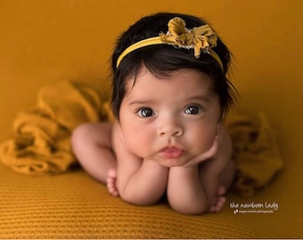 Holland SET mustard yellow silk bow newborn headband tieback halo and waffle weave stretch newborn wrap posing fabric