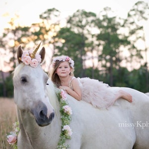 Celestia Blush light pink flowers gold white unicorn horn and floral necklace garland for horse pony accessory photography prop