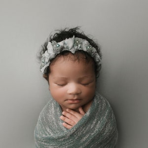 Vanna SET textured aqua teal dusty blue turquoise stretch newborn knit wrap and silk ruffled tieback