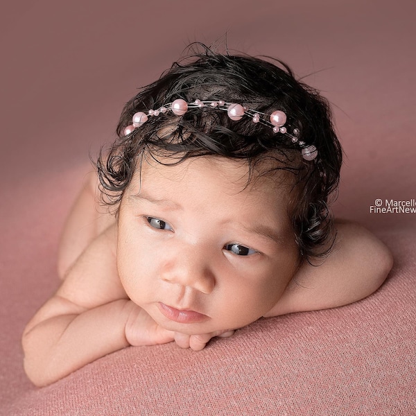 3 strand dainty pearl beaded newborn crown photography prop headband tieback in blush pikn lavender aqua or white cream