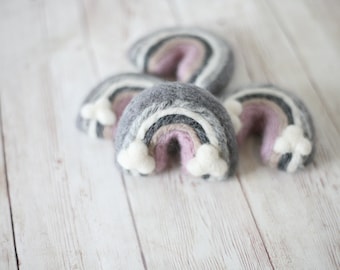 grey gray neutral needle felted rainbow baby newborn photography prop felt with clouds