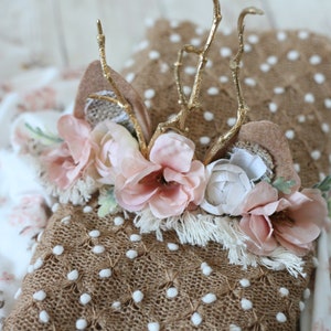 Faline blush pink rose gold rose gold newborn  fawn deer woodland antler crown halo floral headband prop stretch wrap