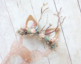 Faye blush pink moss succulent acorn newborn fawn deer woodland antler crown halo floral headband prop stretch wrap