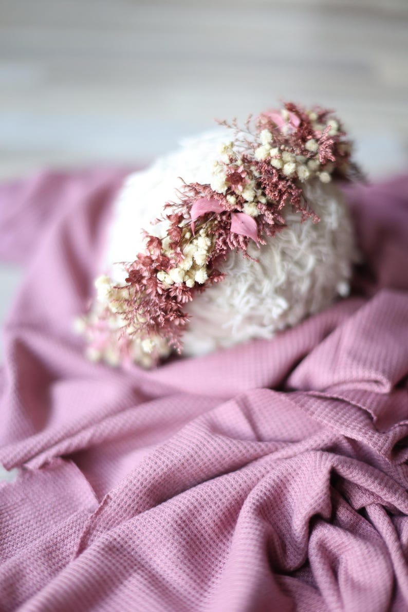 Ione SET dusty vintage mauve purple newborn flower crown tieback and stretch wrap halo photography prop image 2