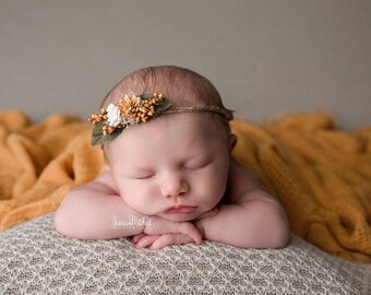 Saffron mustard yellow ivory fall flower headband halo newborn photo prop tieback
