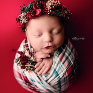 Theodora  red green pine evergreen christmas newborn tieback flower crown