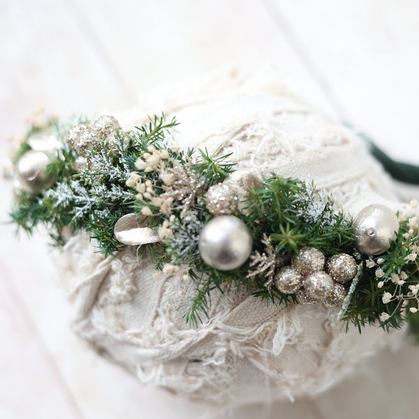 Gilded Winter pine evergreen and gold berry winter newborn flower crown tieback headband and stretch knit fabric wrap