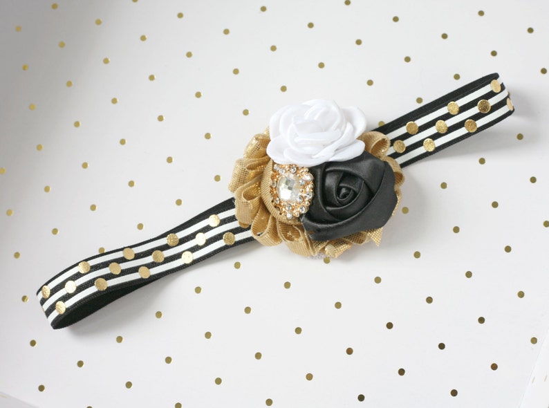 Good As Gold black white and gold polka dot and stripe headband bow