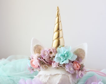 Enchanted - floral unicorn headband crown lavender blush pink and gold