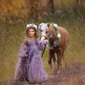 Tristan aqua lavender gold unicorn horn for horse pony clip photography prop headband  bridle halter flowers