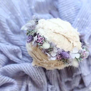 India periwinkle lavender blue dried floral newborn crown tieback headband and sweater knit stretch wrap posing fabric