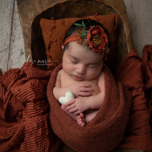 tonia SET rust burnt orange distressed newborn pillow and satin rose tieback