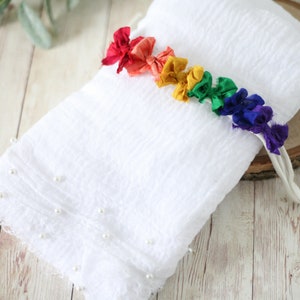 primary rainbow silk bow tieback halo set white pearl wrap