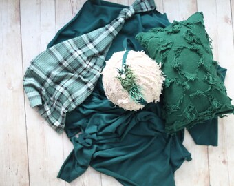 theo emerald green hunter stretch wrap newborn plaid knotted knot sleepy cap newborn hat plaid pillow floral tieback