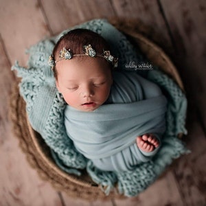 Abby   SET aqua sky blue rose leaf twine dainty newborn tieback flower crown headband halo and jersey knit stretch wrap