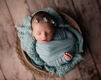 Abby   SET aqua sky blue rose leaf twine dainty newborn tieback flower crown headband halo and jersey knit stretch wrap