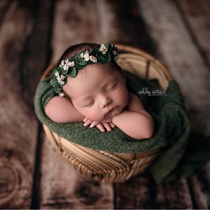 Eugenia SET eucalyptus green stretch sweater knit wrap and boho greenery tieback newborn flower crown