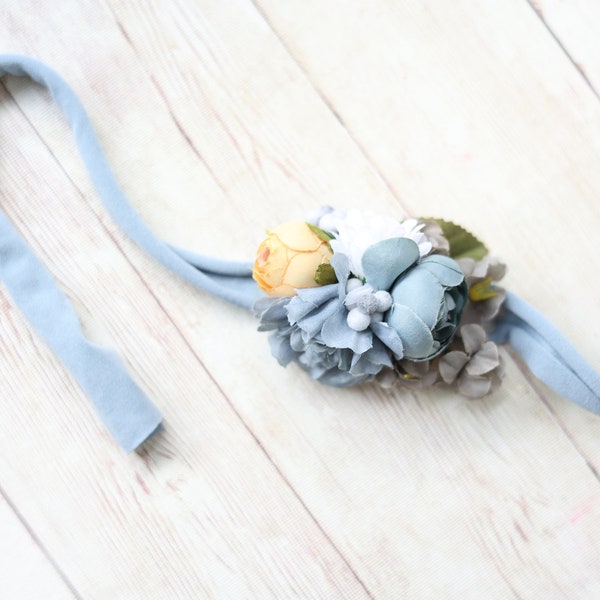 Everlee boho yellow blue grey tieback flower floral crown halo headband bow newborn tieback photography prop