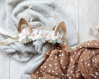 winter darling neutral organic newborn deer flower crown headband tieback