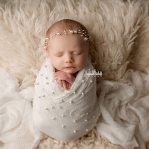 3 strand dainty pearl beaded newborn crown photography prop headband tieback in blush pink lavender aqua or white cream