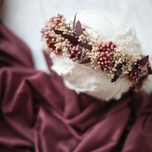 Merlot SET dried burgundy wine newborn flower crown tieback headband and stretch wrap