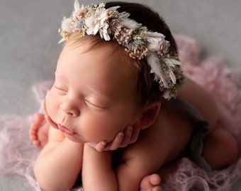 Grace  blush pink grey  boho dried pampas tieback newborn flower crown floral wreath