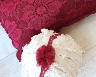 ready to ship Carol SET photography prop burgundy lace pillow jersey knit stretch wrap lace tieback