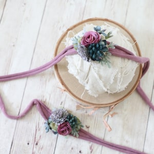 Mystie - Corona de flores ajustable para niñera recién nacida, azul marino, malva, rosa ruborizado, gris, floral, bohemio, diadema de flores, accesorio de halo