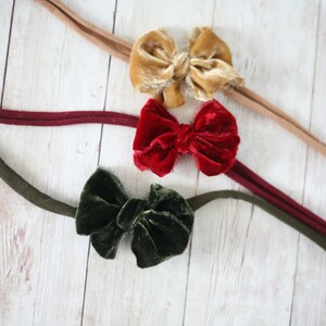 Good Tidings SET christmas green red gold mustard velvet bow newborn headband tieback halo