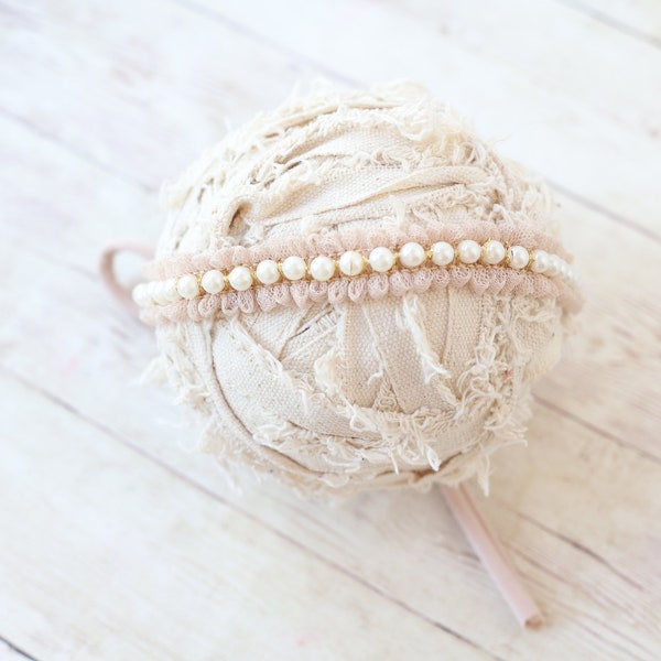 champagne pearl tulle mesh tieback headband bow newborn photography prop