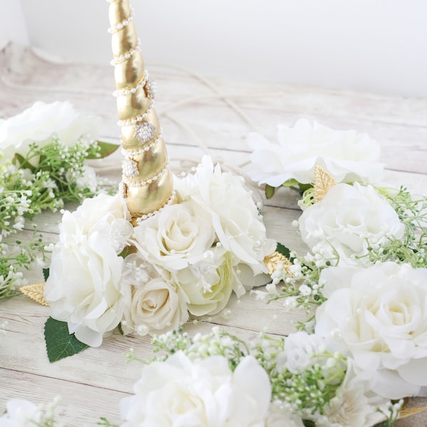 white ivory and gold  unicorn horn and floral necklace garland for horse pony accessory photography prop