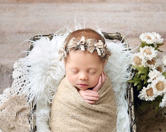 Tweed greige taupe grey tan simple lace and silk bow newborn headband halo photography prop