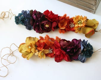 Arco iris de otoño: diadema de flores boho con corona de flores de otoño para niños pequeños y adultos en tono de joya con tonos profundos de arco iris.