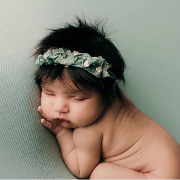 Morgan in mint aqua gold chiffon rhinestone ruffle organic lace newborn headband tieback halo