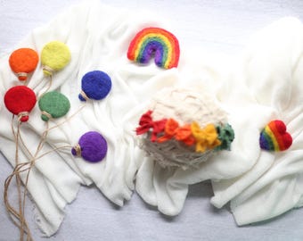 ready to ship SET rainbow baby props primary rainbow felted heart stretch wrap newborn headband