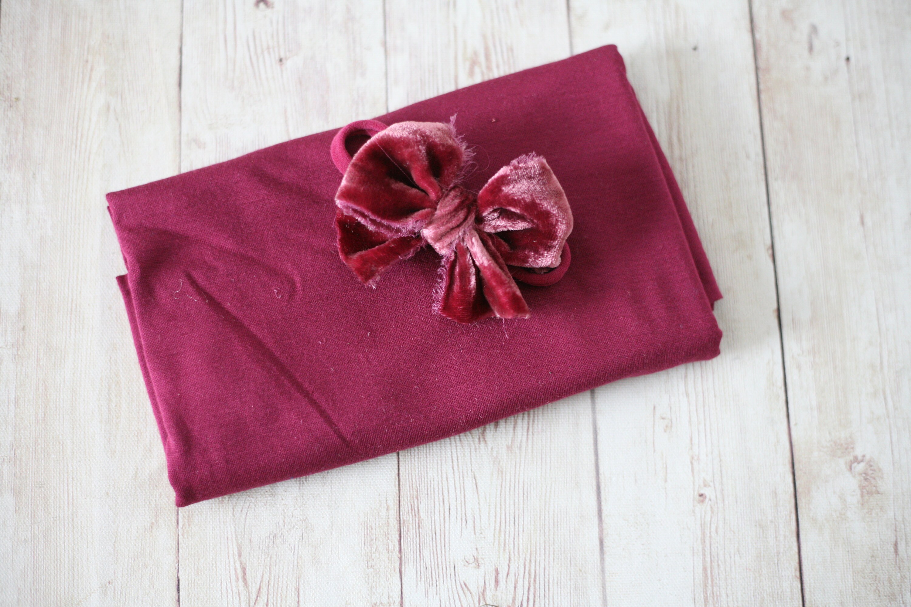 Raspberry SET vintage dark fuchsia burgundy maroon pink velvet bow newborn headband tieback halo and newborn posing fabric stretch wrap