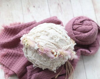 Marlie SET dried newborn flower crown mauve lavender purple stretch sweater knit wrap posing fabric