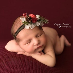 Mary christmas red ivory pine pinecone newborn tieback flower crown headband bow
