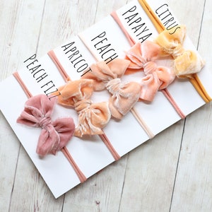 mustard pumpkin burnt orange yellow velvet bow newborn headband tieback halo