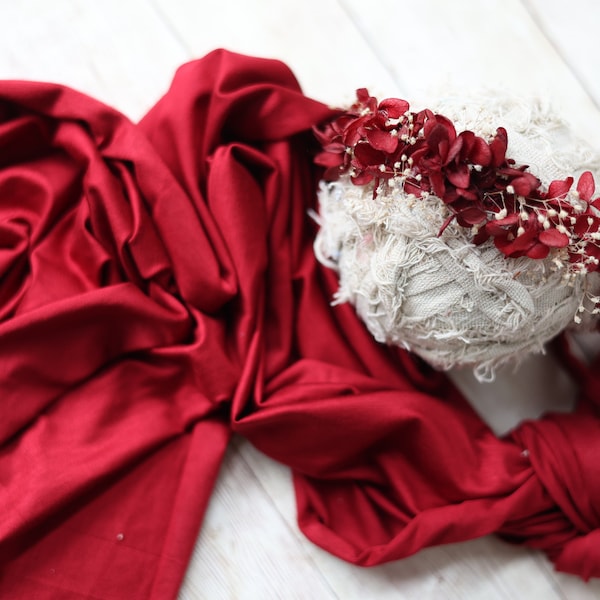 Vienna valentines dark red dried florals moss organic newborn flower crown headband halo and jersey stretch wrap