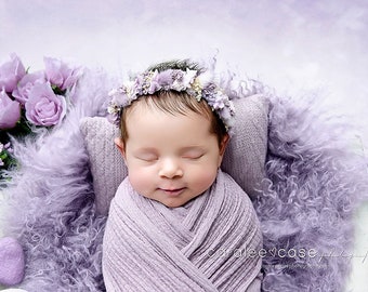 Lila SET lavender lilac babys breath organic newborn flower crown headband halo photography prop and stretch wrap