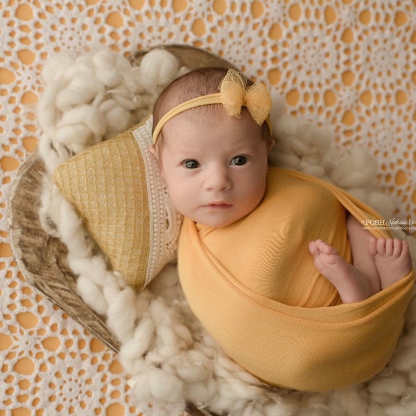 Ray sunshine yellow simple chiffon bow dainty delicate newborn organic tieback baby headband
