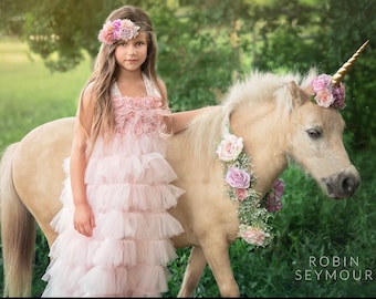Neveah unicorn horn flower crown for horse mauve rose blush pink flower crown necklace