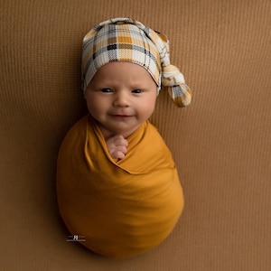 brock fall plaid mustard sleepy cap newborn hat