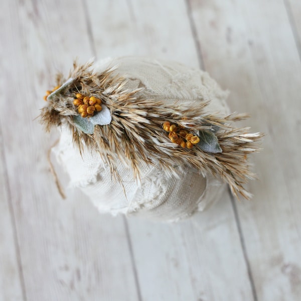 Icarus  mustard neutral ivory organic pampas grass boho newborn flower crown headband halo photography prop