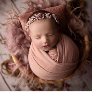 Gretel rose blush pink silk rosette newborn dainty headband halo newborn photography prop