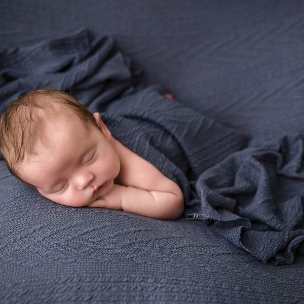 Quade dusty deep dark blue knit sweater beanbag posing fabric stretch wrap