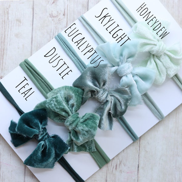 green sage aqua teal velvet bow newborn headband tieback halo