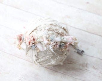 Grace  blush pink grey  boho dried pampas tieback newborn flower crown floral wreath